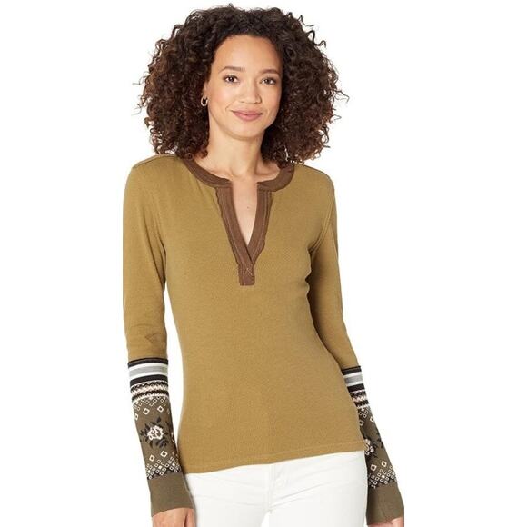 We The Free Mikah Layering Cuff Thermal Top Women Small Green V Neck Cotton Boho - Picture 2 of 12